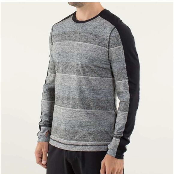 Lululemon Velocity Long Sleeve Shirt Mens Small Gray Striped Color Block Thumb - Picture 3 of 13